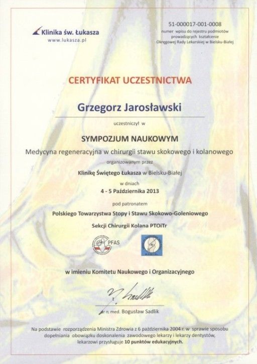 grzegorz jaroslawski ortopeda certyfikat regeneracja