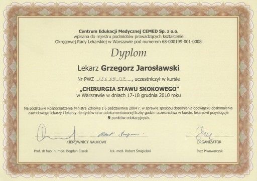 grzegorz jaroslawski ortopeda certyfikat staw kolanowy