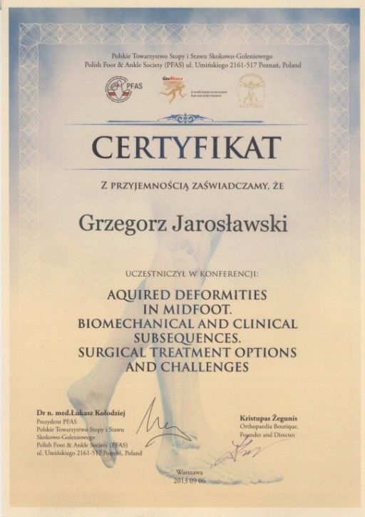 grzegorz jaroslawski ortopeda certyfikat stopa